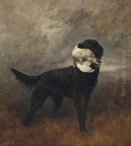 A Black Retriever In An Extensive Mountainous Landscape Oil Painting by Maud Earl