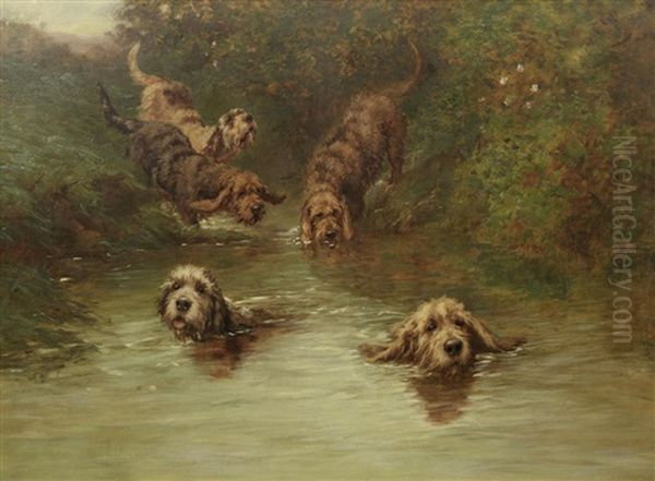 Otterhounds On The Scent Oil Painting by Maud Earl