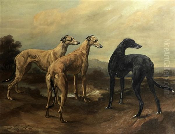 Greyhounds In A Landscape Oil Painting by Maud Earl