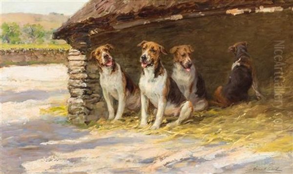 Dogs In A Kennel Oil Painting by Maud Earl