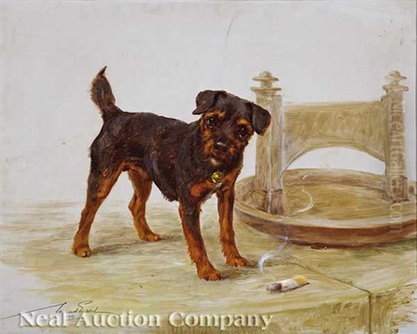 Terrier Pup With Discarded Cigar And Boot Scraper Oil Painting by Maud Earl