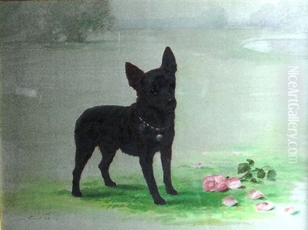 Study Of A Miniature Pinscher Cross Terrier Dog In A Garden Landscape Oil Painting by Maud Earl