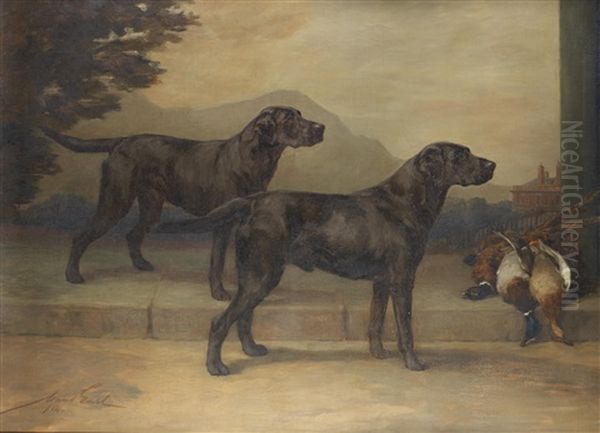 Labrador Retrievers: Field Trial Champion Peter Of Whitmore And Champion Type Of Whitmore Oil Painting by Maud Earl