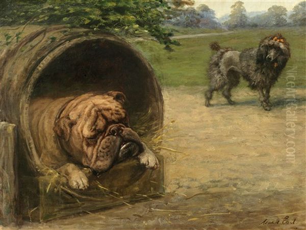 A British Bulldog And A French Poodle Oil Painting by Maud Earl