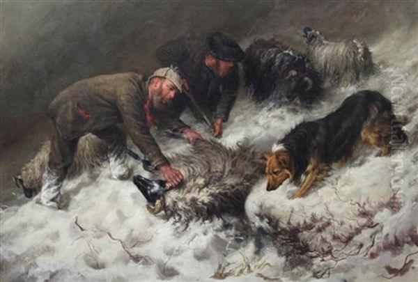 Shepherds And Dog Rescuing Sheep From The Snow Oil Painting by Maud Earl