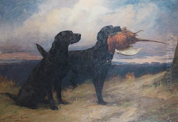 Portrait Of The Black Labrador Peter Of Faskally Holding A Cock Pheasant, With His Mate Dungavel Jet In A Landscape Oil Painting by Maud Earl