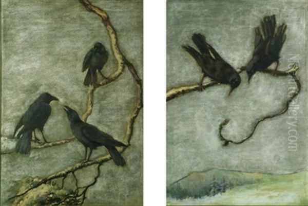 Birds Perched On Winter Branches (+ Another, Similar; Pair) Oil Painting by Maud Earl