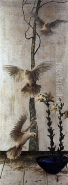 White Doves And Lilies Oil Painting by Maud Earl