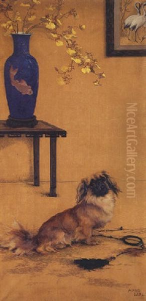 A Pekinese In An Oriental Interior Oil Painting by Maud Earl