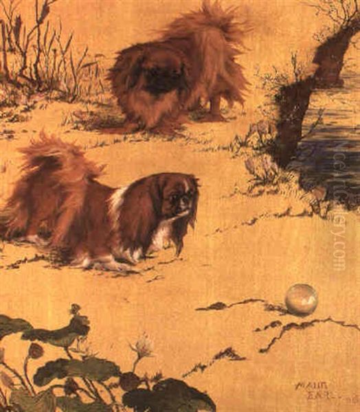 A Red And Tri-colour Pekingese With Lotus Flowers In A River Landscape Oil Painting by Maud Earl