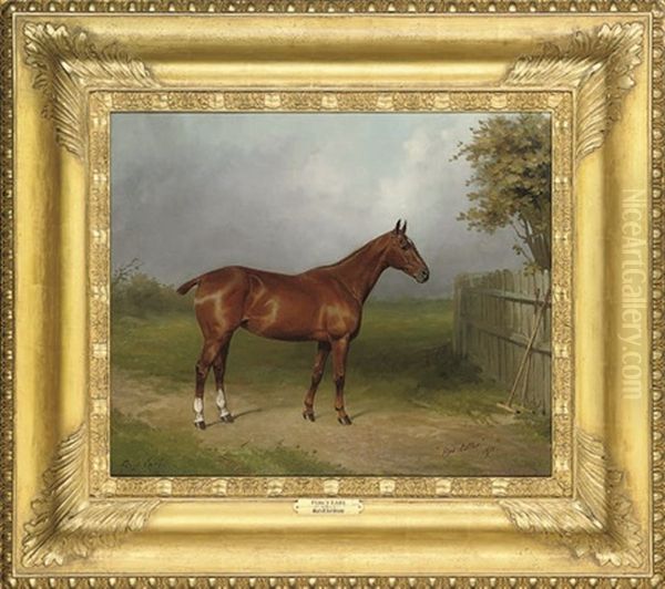 The Polo Pony Red Letter, With Polo Sticks Leaning Against A Fence Oil Painting by Thomas Percy Earl