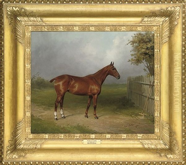 The Polo Pony "red Letter," With Polo Sticks Leaning Against A Fence Oil Painting by Thomas Percy Earl