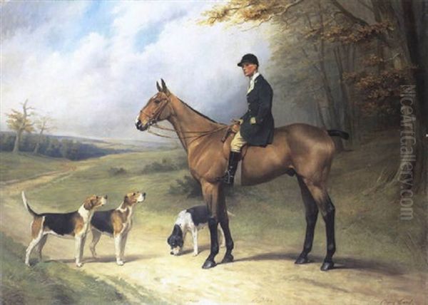 Portrait Of Frank Greswold Williams, Esq. Of Bredenbury Court, Bromyard On A Bay Hunter In A Landscape Accompanied By Hounds Oil Painting by Thomas Percy Earl