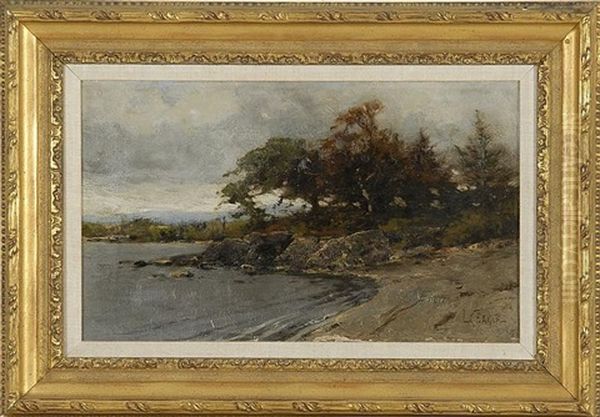 Lakeshore Landscape With Rocks, Trees, And Distant Hills Oil Painting by Lawrence Carmichael Earle