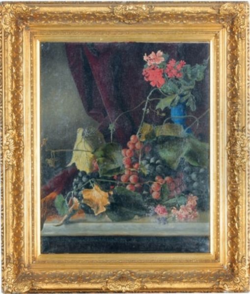 A Still Life With Grapes And Geraniums On A Marble Ledge Oil Painting by Lawrence Carmichael Earle