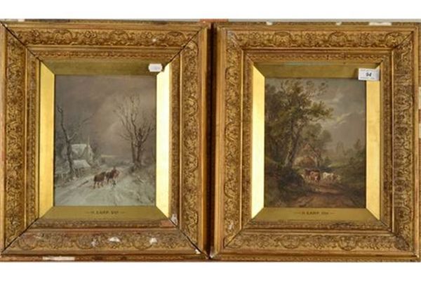 Cattle On A Country Lane/horses On A Snowy Lane (a Pair) Oil Painting by Henry (Sr.) Earp