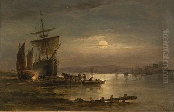 Moonlit Harbor Scene With Suspension Bridge To The Rear Oil Painting by Henry (Sr.) Earp