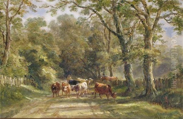 Cattle On A Lane (+ Cattle By A River At Dusk; Pair) Oil Painting by Henry (Sr.) Earp