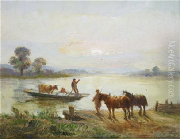 Evening By The River (+ Waiting For The Ferry; Pair) Oil Painting by Henry (Sr.) Earp