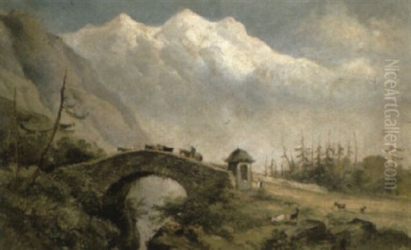 Cattle Crossing A Bridge In An Alpine Landscape Oil Painting by Henry (Sr.) Earp