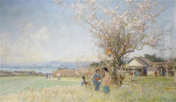 A Distant View Of Kobe And The Inland Sea (japanese Tea Garden In Kobe) Oil Painting by Sir Alfred East