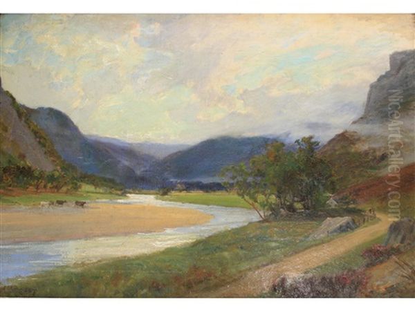 A Gleam Of Sunlight Amidst Scottish Hills Oil Painting by Sir Alfred East