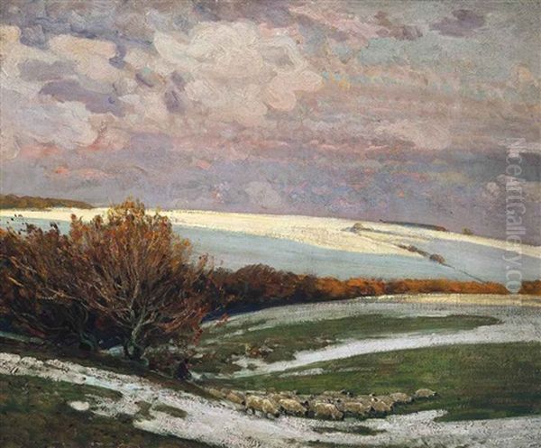 Sheep In A Landscape, Winter Oil Painting by Sir Alfred East