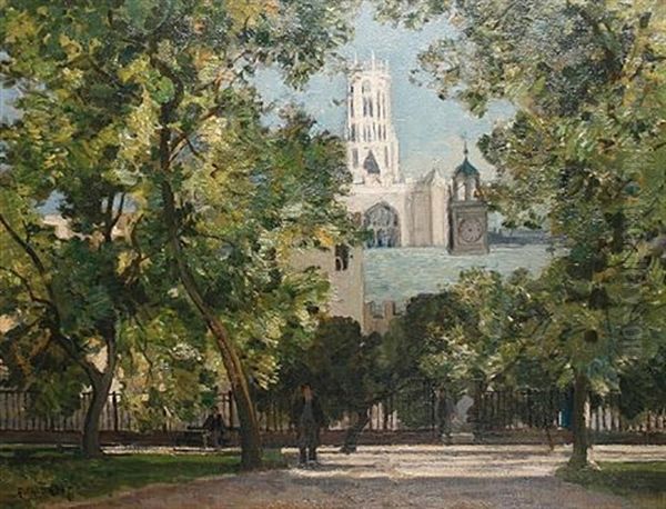 Clifford's Inn (painted From The Garden Of The Inn Showing The Inn Hall And The Church Of St. Dunstan-in-the-west) Oil Painting by Sir Alfred East