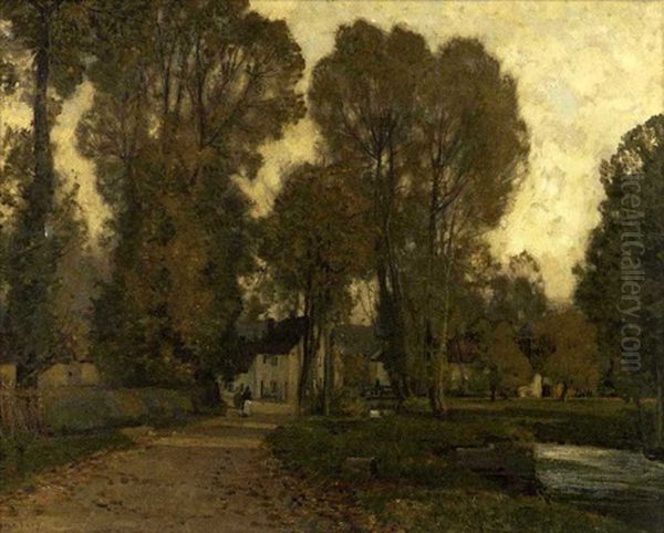 Landscape With Village Beside A Stream Oil Painting by Sir Alfred East