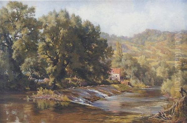 River Landscape With Watermill Beyond Oil Painting by Sir Alfred East