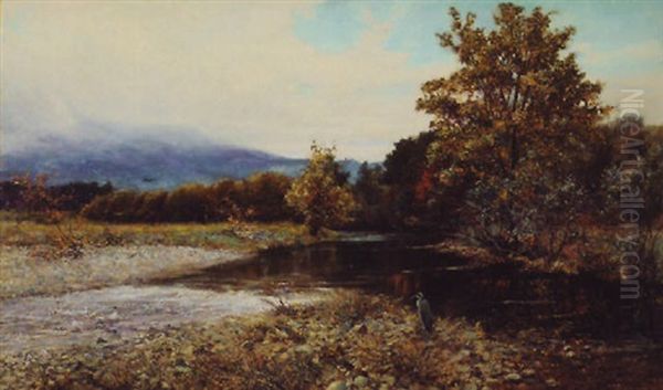 Autumn Riverscape With Shorebird Oil Painting by Sir Alfred East