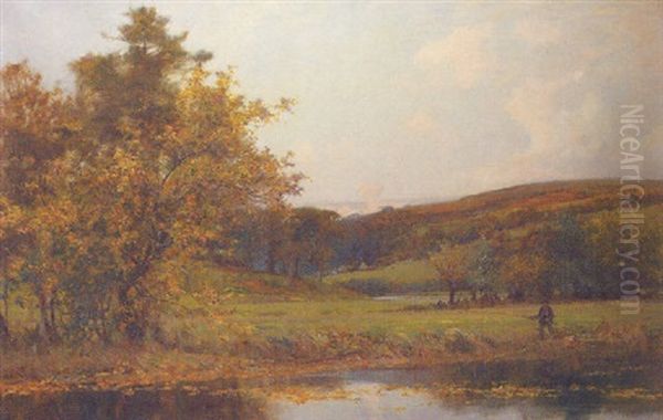 Fishing A Quiet Stretch Of River Oil Painting by Sir Alfred East