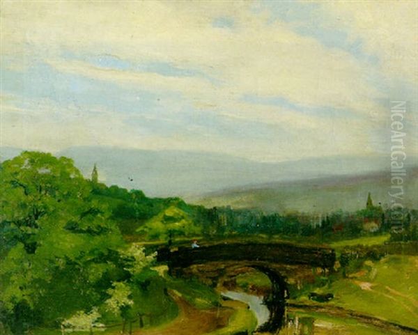 An Extensive Country Landscape With A Figure On A Bridge In The Foreground by Sir Alfred East