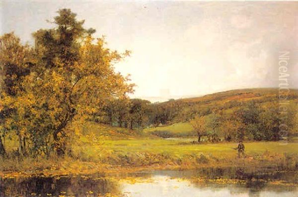 Fishing A Quiet Stretch Of River Oil Painting by Sir Alfred East