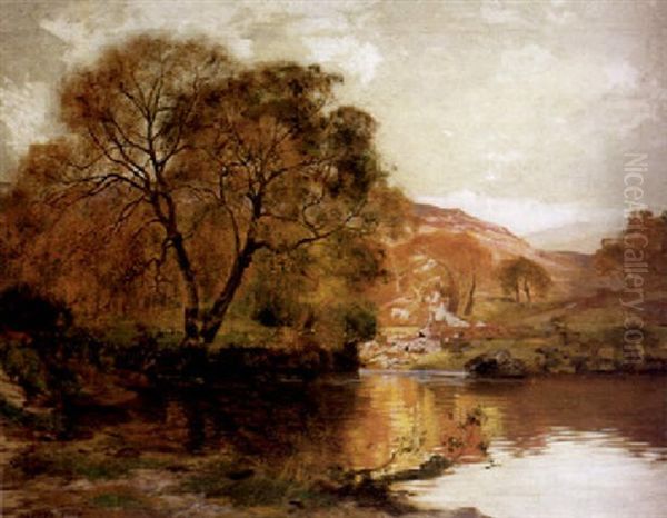 Herbstliche Seenlandschaft Mit Prachtvollem Sonnenlichteinfall Oil Painting by Sir Alfred East