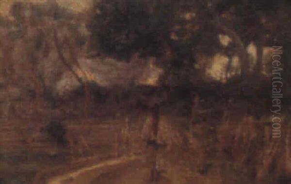 A Traveller On A Country Road Oil Painting by Sir Alfred East