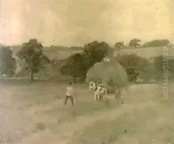 Carting Hay, Warwickshire & Estuary Scene With   Moored Boats Oil Painting by Sir Alfred East