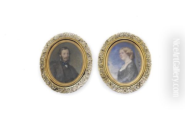 Two Portrait Miniatures Of Lord And Lady Harlech: He Seated, Wearing A Brown Coat And Waistcoat; She Standing, Wearing A Black Dress And Lace Veil Oil Painting by Reginald Easton