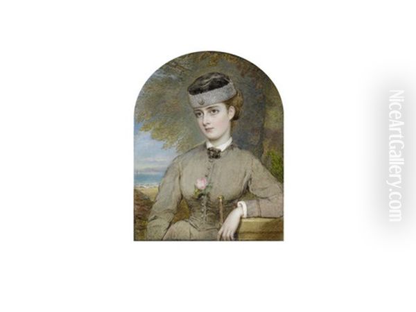 Bessie Florence Floss Scarlett Nee Gibson (1851-1934), Standing Before A Sandy Beach And Wearing Fawn Dress Over White Chemise And Brown Ribbon Tie, A Pink Rose At Her Corsage Oil Painting by Reginald Easton