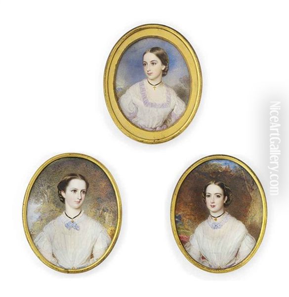 Dora, In Decollete White Dress With Gauze Fichu, Mauve Ribbon Tied At Neck (+ 2 Others (spencer Smith Family In Woodland Landscapes); Set Of 3) Oil Painting by Reginald Easton