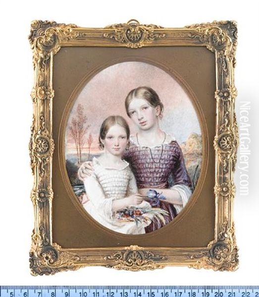 The Misses Alice And Minney Squarey Of Salisbury: The Former, Wearing Mauve Dress And Sash, White Under-dress, Jet Necklace, Her Arm Around Her Younger Sister; The Latter, Wearing White Dress With Lace Trim And Cuffs Oil Painting by Reginald Easton