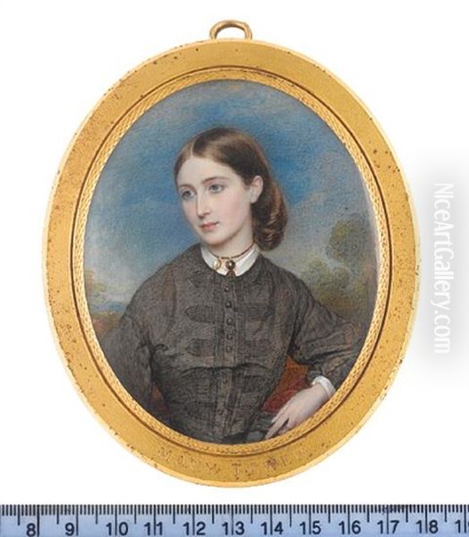 Mary Tower Wearing Brown Dress, White Blouse, Two Pendants On A Choker At Her Neck, Her Brown Hair Parted And Curled In A Large Knot At The Back Of Her Neck Oil Painting by Reginald Easton