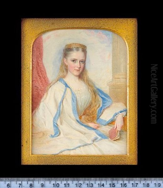 Emma Cecilia Buchan Callander (later Mrs J. A. Gayer), Wearing White Dress With Lace Trim And Gold Waistband, Gold Pendent Earring Oil Painting by Reginald Easton