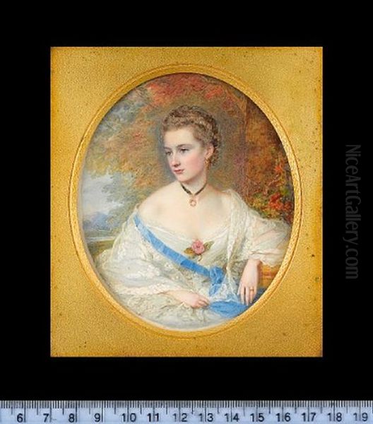 Mrs Kirkman Finlay (nee Jane Callander) Aunt Muff, Wearing White Dress, Lace Shawl, Blue Purse On A Ribbon Worn Across Her Chest Oil Painting by Reginald Easton