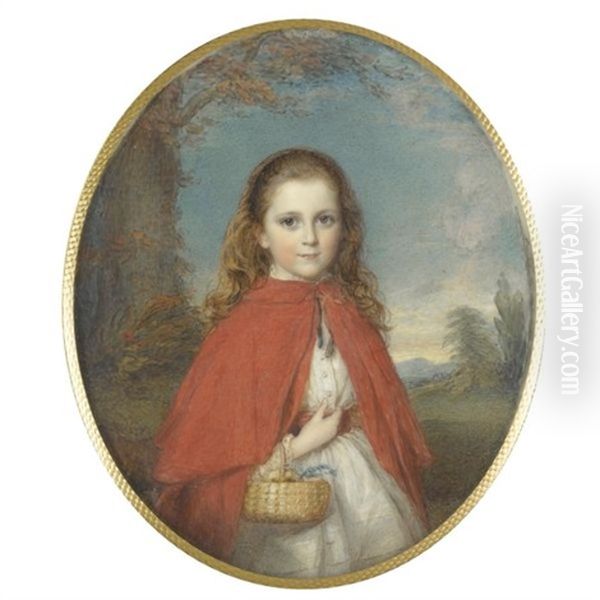 Portrait Of A Young Girl In A Red Cape, Holding A Basket With Flowers On Her Arm Oil Painting by Reginald Easton