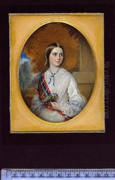 A Young Lady Wearing White Dress With Lace Collar, Blue Ribbon With Jewelled Slide At Her Throat, Pale Blue Ribbons Across Her Puffed Sleeves And Tartan Sash, She Holds A Parrot Oil Painting by Reginald Easton