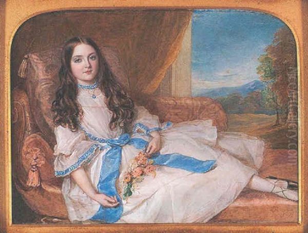 Edith Montgomery, As A Young Girl, Wearing White Dress With Blue Ribbon Trim And Bow, Holds A Posy Of Roses And Other Flowers In Her Lap, Open Window With Landscape Beyond Oil Painting by Reginald Easton