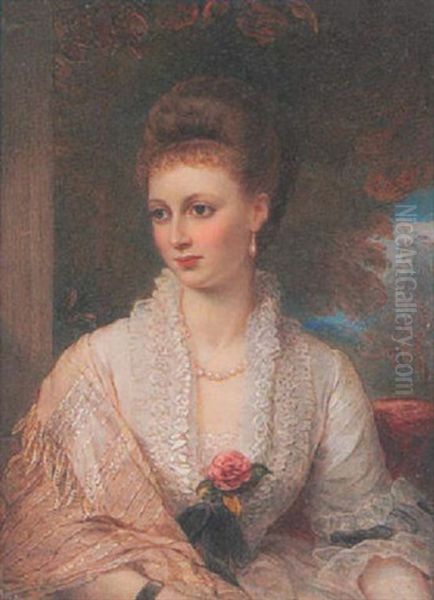 A Lady Wearing Decollete White Dress With Frilled Collar, Silk Tasselled Shawl, Pearl Necklace And Drop Pearl Earring, Her Hair Upswept In A Plait Oil Painting by Reginald Easton