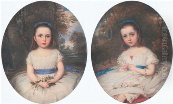 Portrait Of Louisa Isabel Seawell, Aged 4, Wearing White Dress With Lilac Ribbon Waistband And Matching Hairband, And White Flowers In Her Lap Oil Painting by Reginald Easton