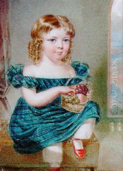 George Olaus Baillie Of Leys Castle As A Child With Blond Curls, Wearing Low-cut Blue Tartan Dress With White Lace Trim Oil Painting by Reginald Easton